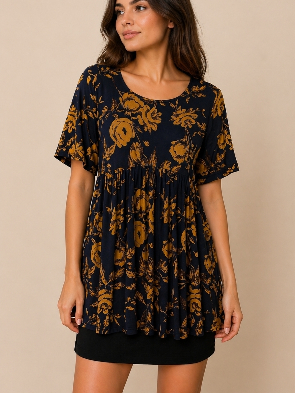 HONEYME Coquette Navy Blue Gold Rose Floral Babydoll Swing Blouse